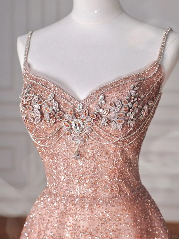 Niulatu Pink Tulle Sequins Beaded Prom Dress Spaghetti Straps A Line Evening Dress HZ1007